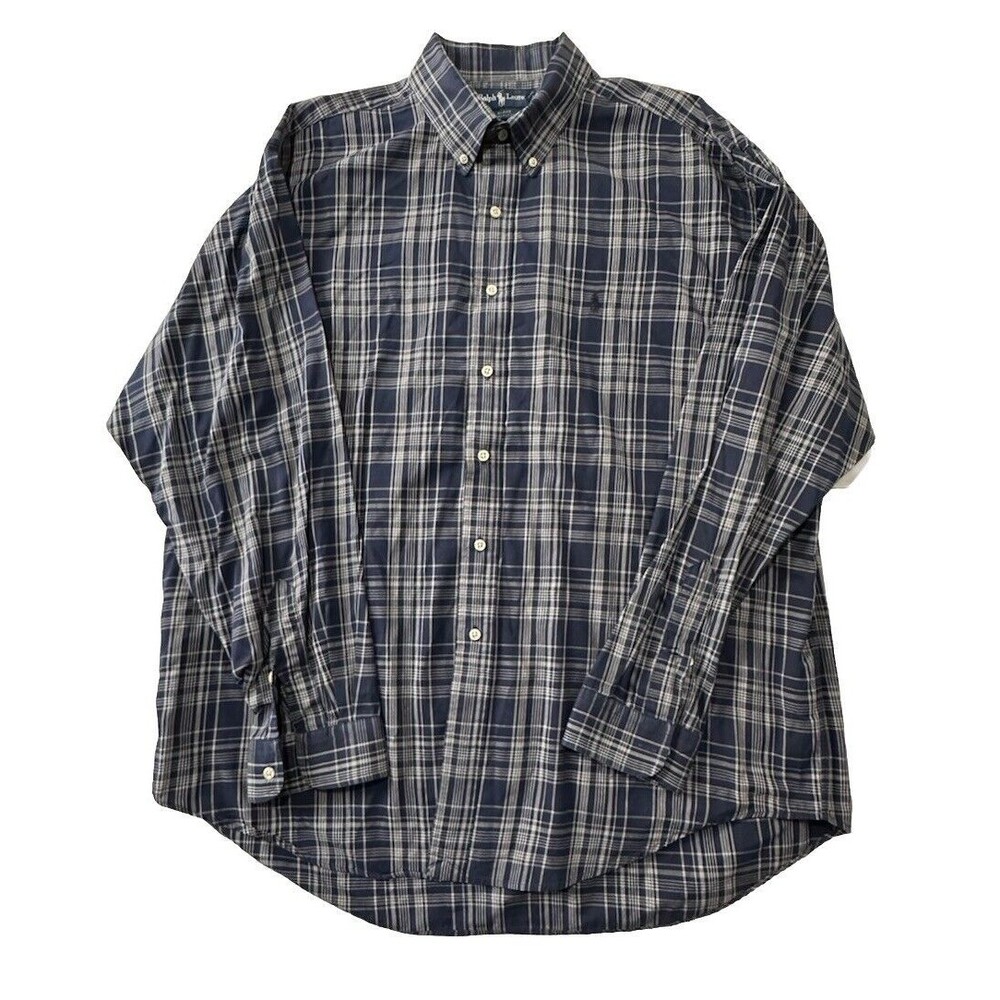 Vtg Ralph Lauren Shirt Mens XL Blake Fine Two Ply Cotton Plaid Blue Gray